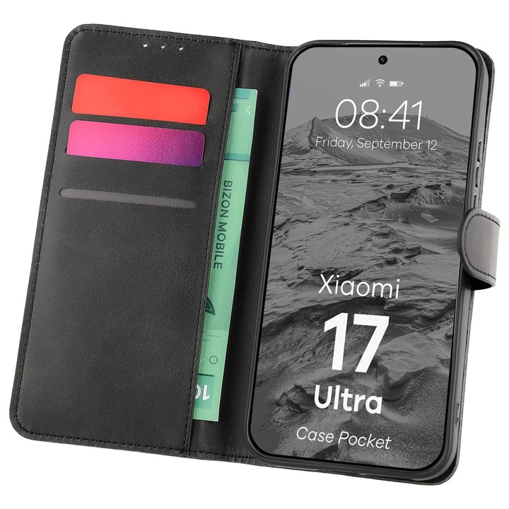 Husa tip carte Bizon Case Pocket pentru Xiaomi 17 Ultra, Negru