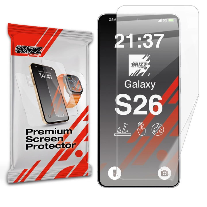 Folie sticla hibrida GrizzGlass pentru Samsung Galaxy S26, transparenta, set complet