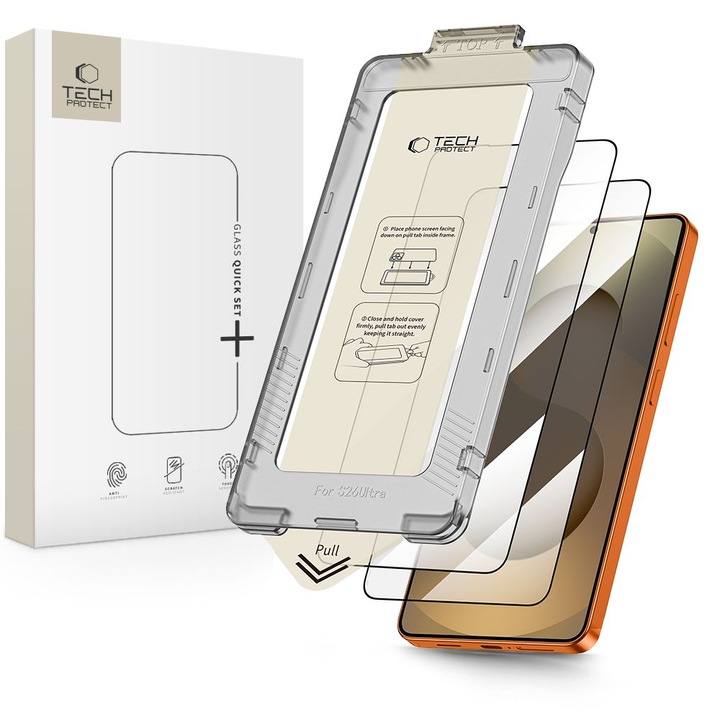 Set 2 folii sticlă securizată Tech-Protect Quick Set+, 9H, oleofob, Negru, 145.92x68.04mm