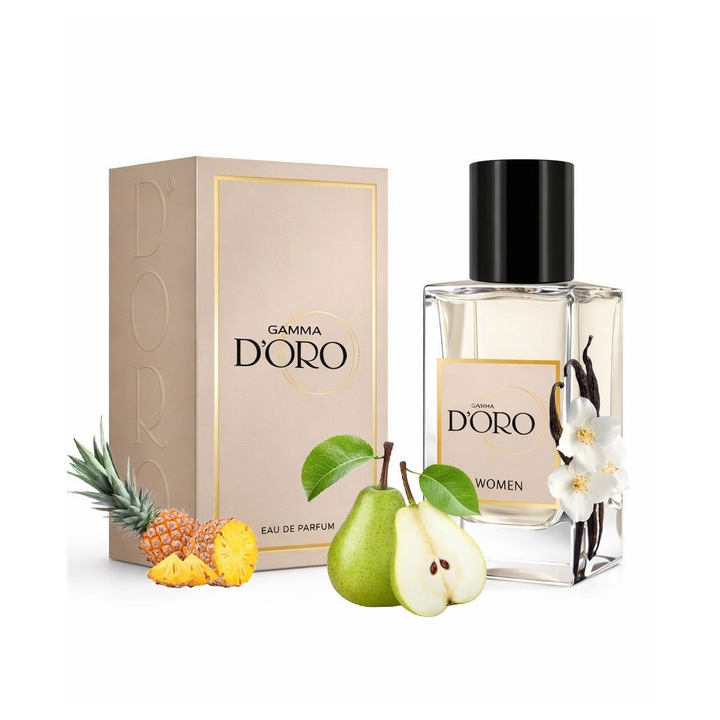 Apa de Parfum pentru femei D'oro W190 Pasione, cu para, ananas, vanilie si iasomie, floral-fructata, miros catifelat, usor acidulat, proaspat si vibrant, 100ml