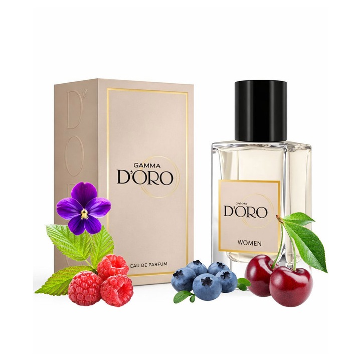Apa de Parfum pentru femei D'oro W246 Burb Essence, afine, zmeura, cirese, violeta si mosc, floral-fructata, miros vibrant si seducator care aduce energie si optimism, 100ml