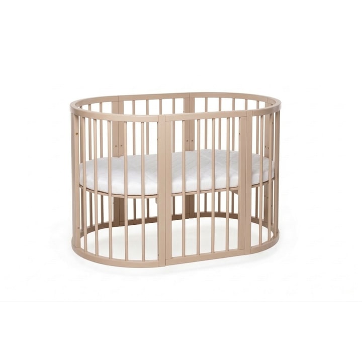 Patut Bebe Oval din Lemn de Fag KOTTO OLIN, cu Saltea din Spuma inclusa, Cappuccino