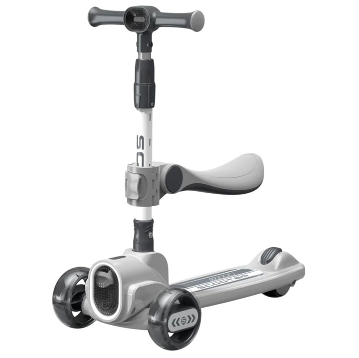 Trotinetă CWT, 2022, gri, cu scaun detasabil, 3 roti LED, pliabilă, 3-12 ani