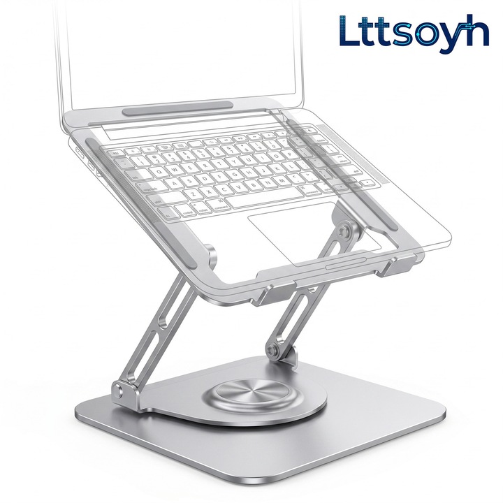 Lttsoyh® Ергономична стойка за лаптоп за бюро, въртяща се на 360° от алуминий, с регулируема височина и ъгъл, сгъваема и преносима, устойчива на тежест, с куха вентилация, за лаптоп и таблет, сребриста
