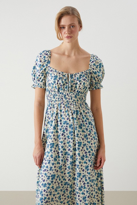 LC WAIKIKI, Rochie cu maneci scurte si imprimeu floral, Bej/Albastru