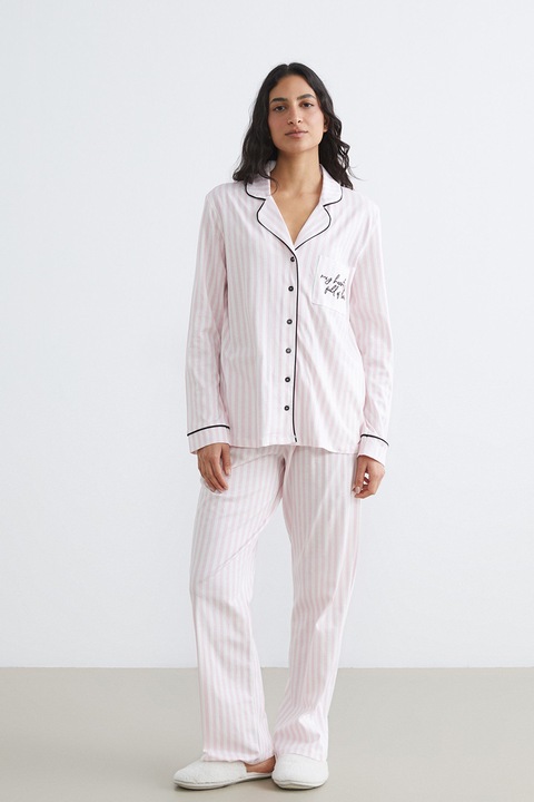 LC WAIKIKI, Pijama de bumbac cu pantaloni lungi si dungi, Alb fildes