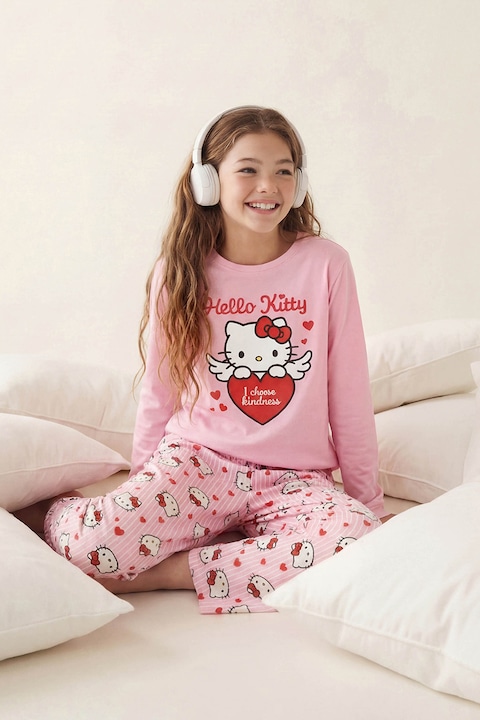 LC WAIKIKI, Pijama de bumbac cu model Hello Kitty, Roz deschis