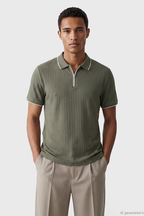 LC WAIKIKI, Tricou polo cu fenta cu fermoar, Kaki
