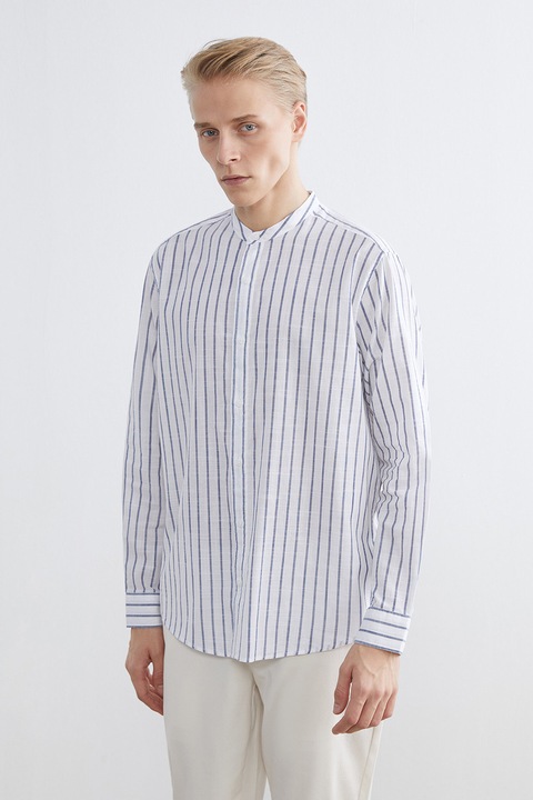 LC WAIKIKI, Camasa cu dungi si guler Mao, Alb/Bleumarin, S