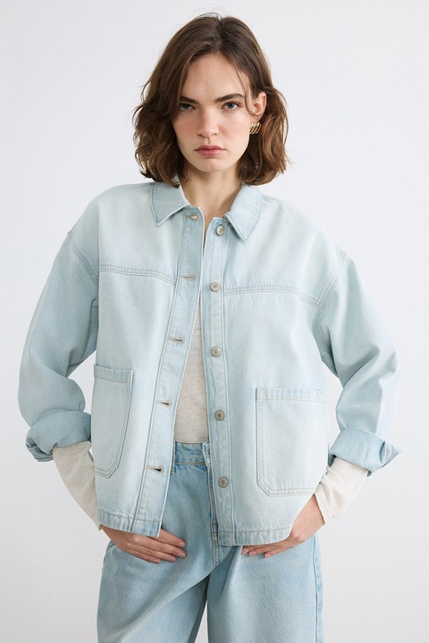LC WAIKIKI, Jacheta-camasa din denim cu maneci cazute, Albastru deschis
