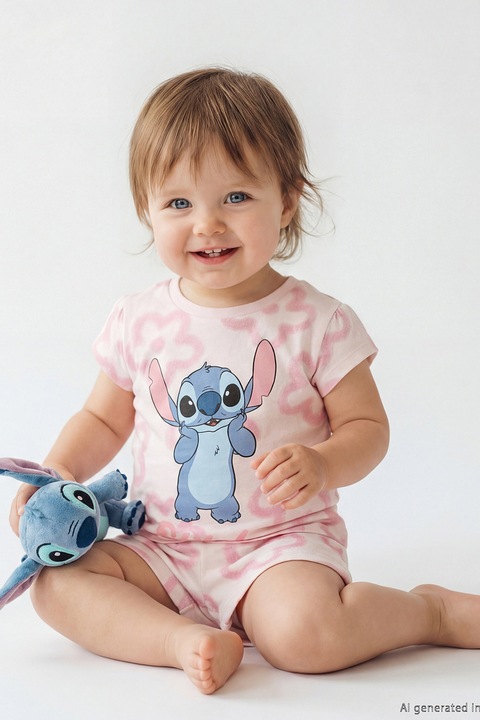 LC WAIKIKI, Set de tricou si pantaloni scurti Stitch, Roz