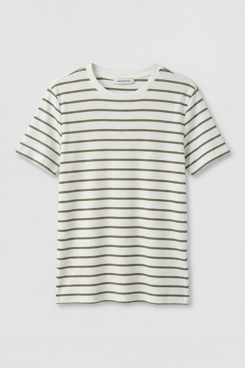 LC WAIKIKI, Tricou din amestec de bumbac cu model in dungi, Kaki inchis/Alb murdar
