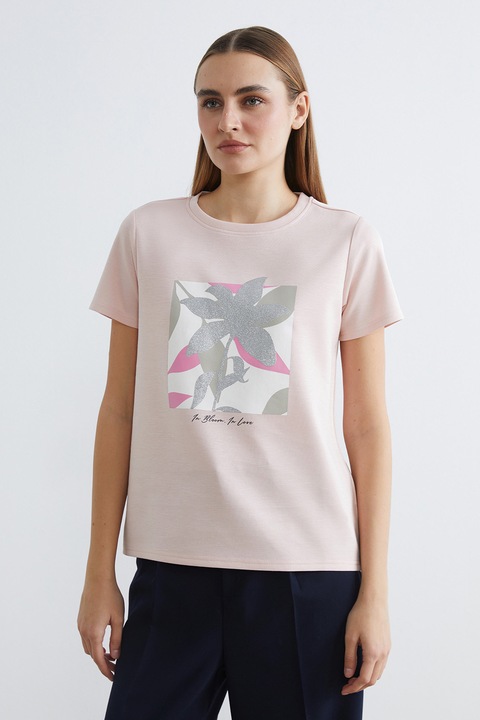 LC WAIKIKI, Tricou cu decolteu rotund si imprimeu stralucitor, Roz prafuit deschis/Argintiu