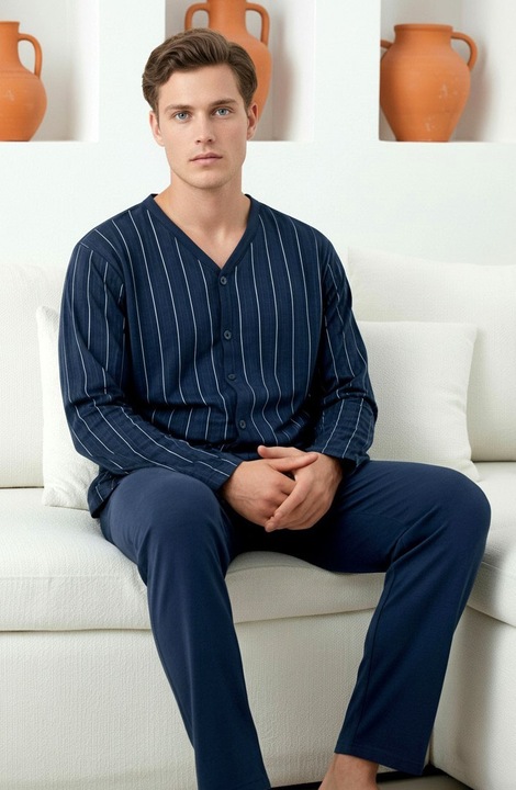 Pijama barbati 100% bumbac, StarFashion, bluza cu nasturi si maneca lunga, cu pantaloni lungi, Bleumarin