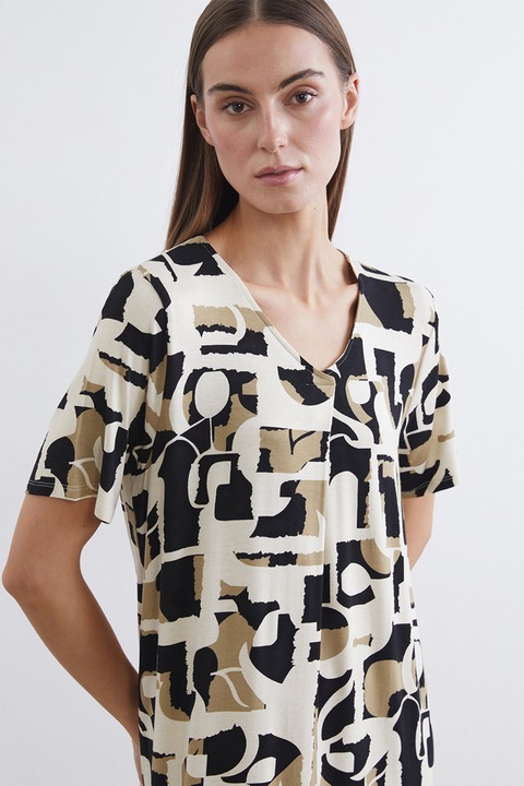 LC WAIKIKI, Rochie midi cu maneci scurte si decolteu in V, Negru/Maro camel/Bej deschis