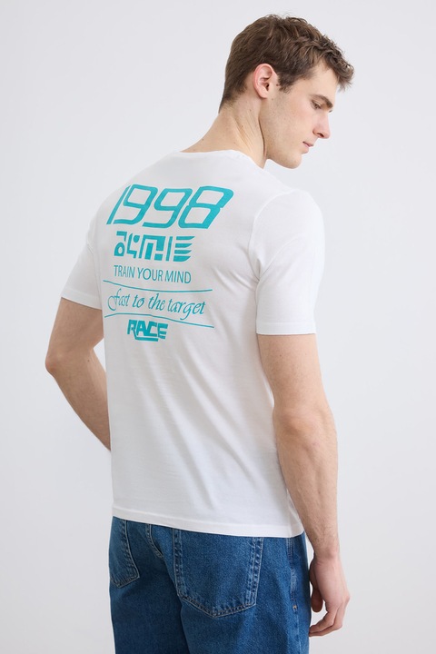 LC WAIKIKI, Tricou regular fit cu imprimeu, Alb/Turcoaz inchis