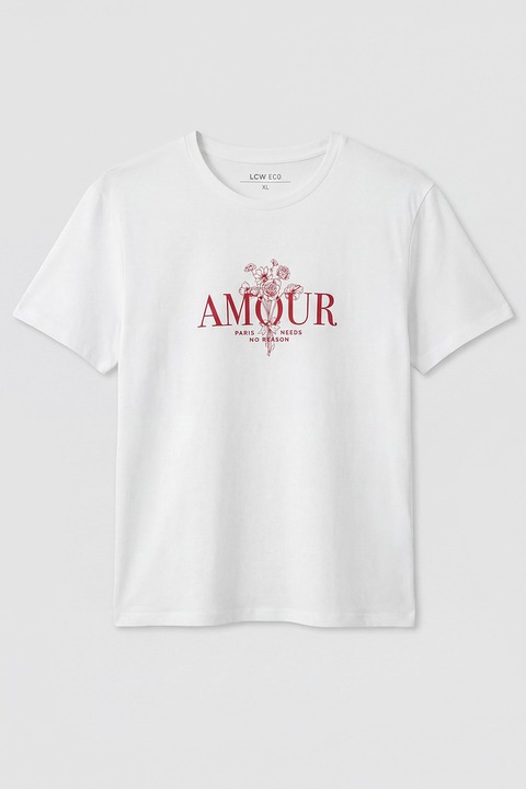 LC WAIKIKI, Tricou din bumbac cu imprimeu, Alb/Rosu inchis