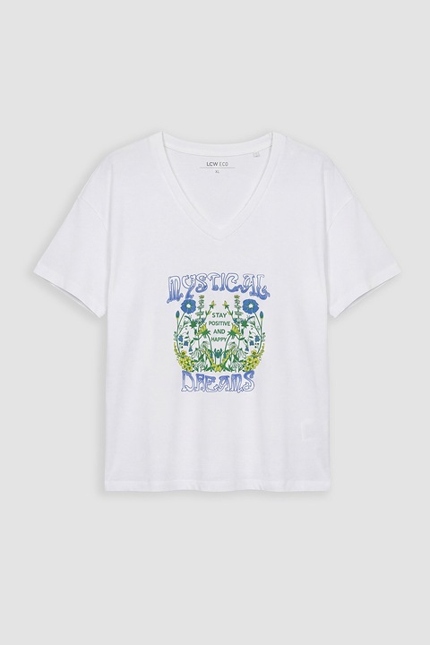 LC WAIKIKI, Tricou cu decolteu in V si imprimeu grafic si text, Verde/Galben/Alb optic
