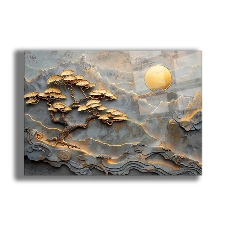 Tablou decorativ Karll Re-Bloom, peisaj, sticla securizata, gri/auriu, 50x70cm