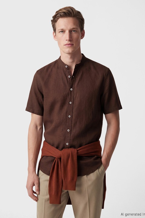 LC WAIKIKI, Camasa din amestec de in cu guler Mao, Maro cognac, S