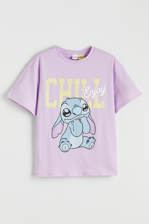 LC WAIKIKI, Tricou de bumbac cu imprimeu Stitch, Galben pai/Lila/Albastru deschis