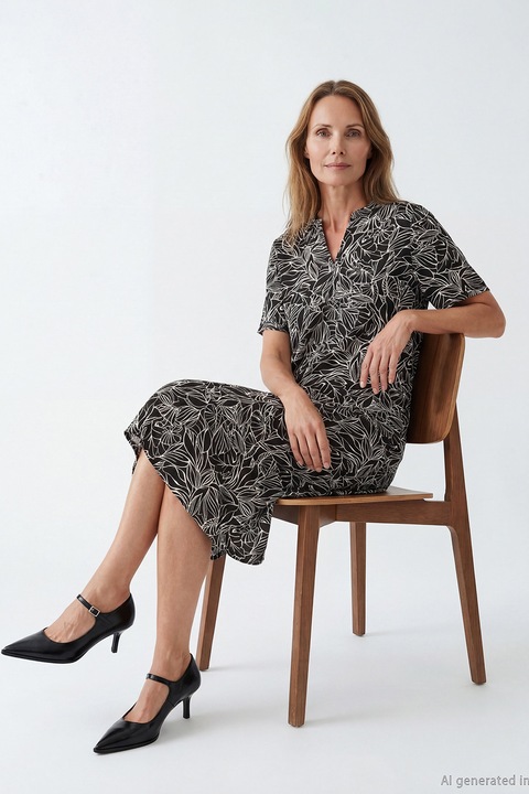 LC WAIKIKI, Rochie midi cu imprimeu, Negru/Alb murdar