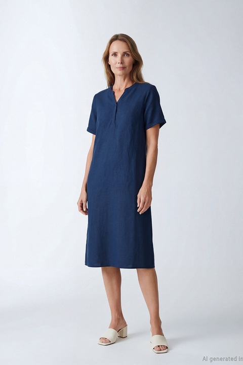 LC WAIKIKI, Rochie midi din amestec de in, Bleumarin