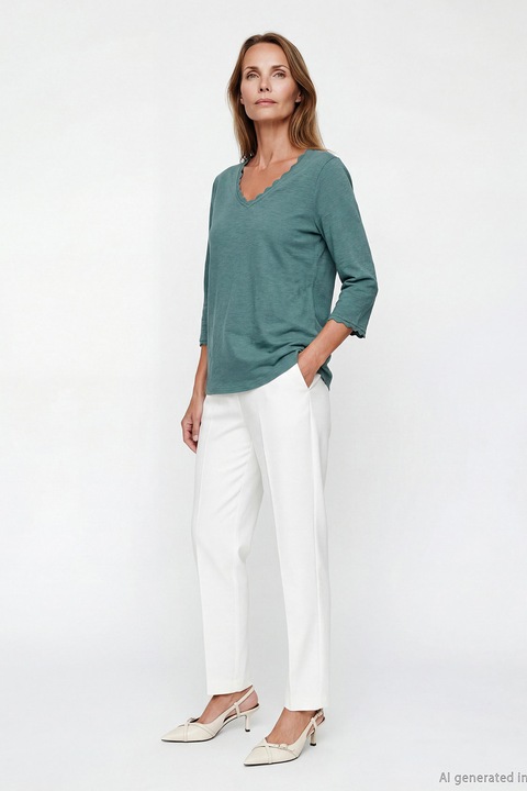 LC WAIKIKI, Bluza de bumbac cu terminatii valurite, Verde aquamarin