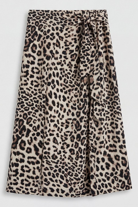 LC WAIKIKI, Fusta cu croiala petrecuta si model animal print, Negru stins/Maro camel/Maro pamantiu, 3XL