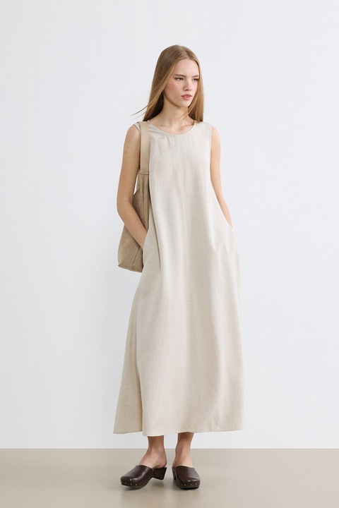 LC WAIKIKI, Rochie lunga din amestec de in cu buzunare laterale, Alb