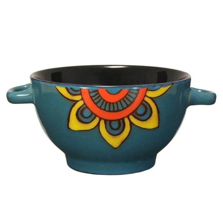 Bol portelan albastru cu manere model mandala 650ml pentru supa