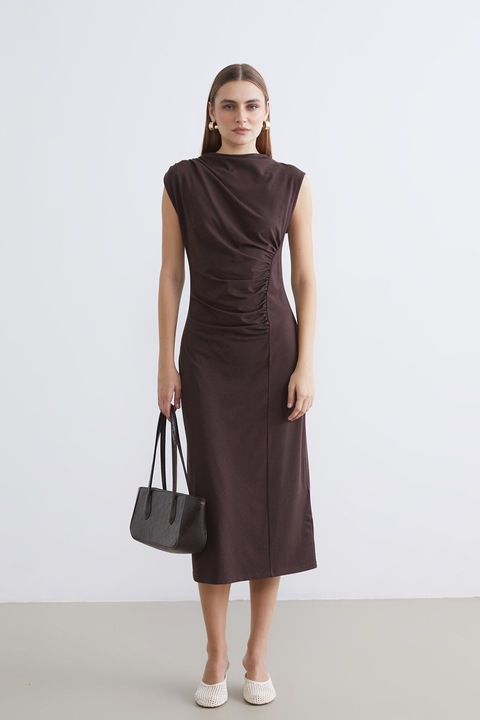 LC WAIKIKI, Rochie midi cambrata cu volane, Maro