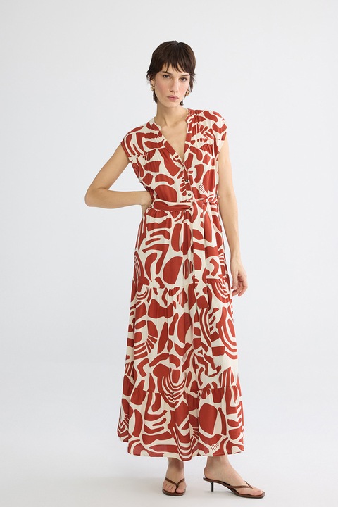 LC WAIKIKI, Rochie lunga cu imprimeu si decolteu in V, Alb/Caramiziu