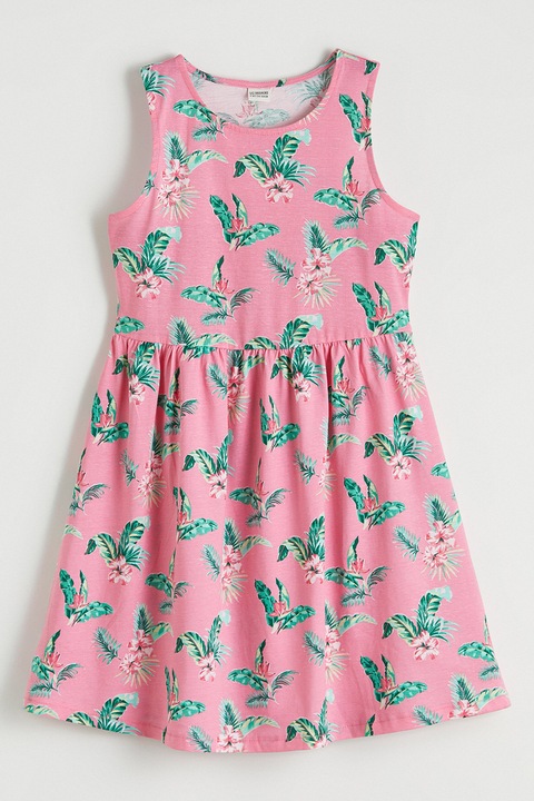 LC WAIKIKI, Rochie evazata fara maneci din bumbac, Roz aprins/Verde aquamarin