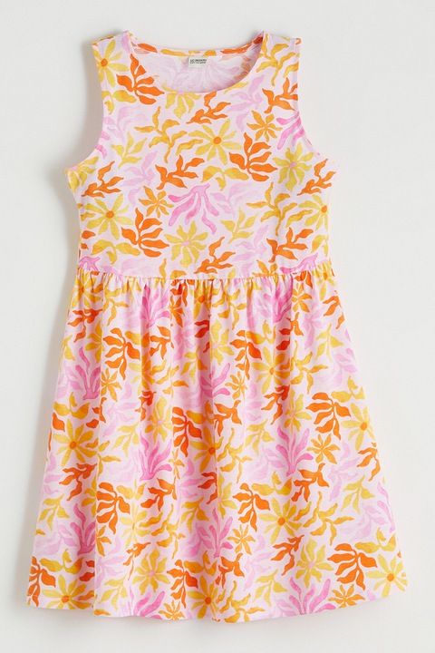 LC WAIKIKI, Rochie evazata fara maneci din bumbac, Portocaliu/Roz pastel/Galben sofran