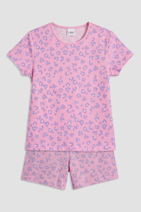 LC WAIKIKI, Pijama din bumbac cu maneci scurte si model floral, Fucsia/Ametist