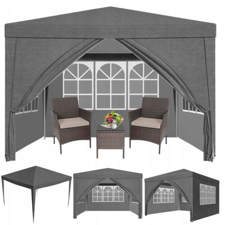 Pavilion gradina cu pereti detasabili, Zola, 3 x 3 x 2.45 m, 3 ferestre, usa cu fermoar, prindere velcro, cadru otel, polietilena 100 g/m², gri