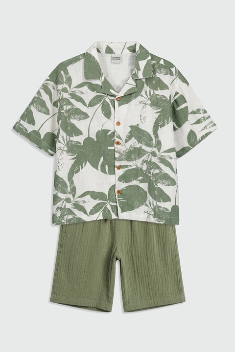 LC WAIKIKI, Set de camasa de bumbac si pantaloni scurti, Alb/Verde feriga