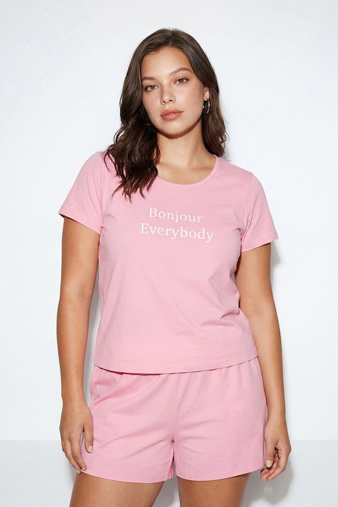 LC WAIKIKI, Pijama cu pantaloni scurti, imprimeu text si talie elastica, Roz