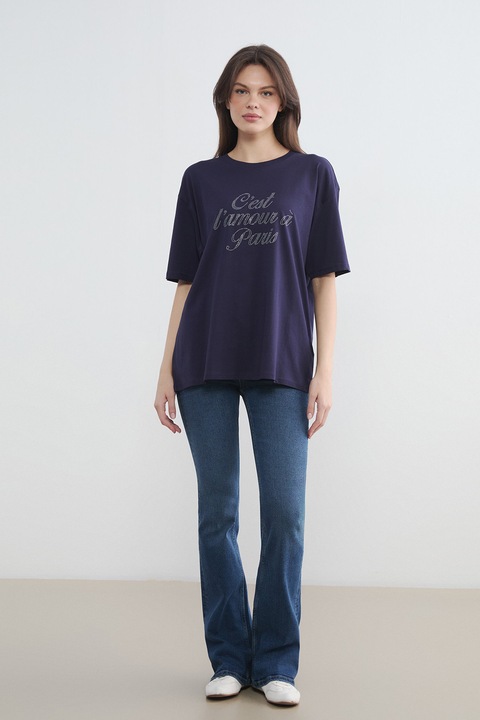 LC WAIKIKI, Tricou supradimensionat cu strasuri, Albastru indigo