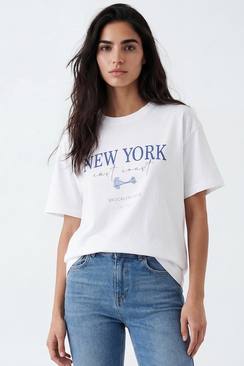 LC WAIKIKI, Tricou cu decolteu la baza gatului si imprimeu cu New York, Alb