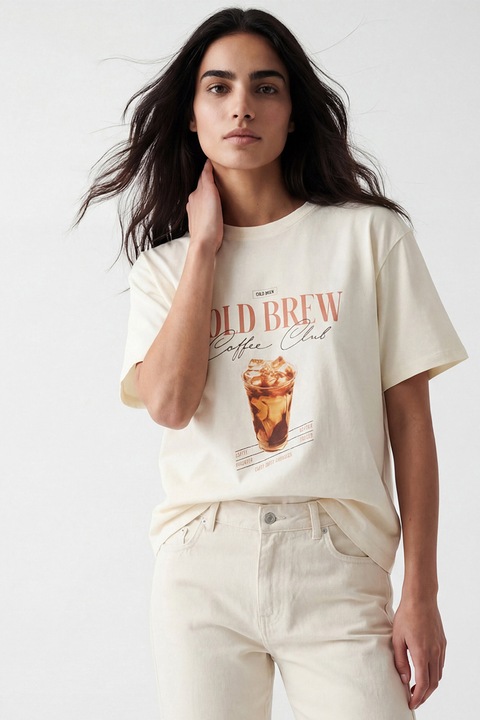 LC WAIKIKI, Tricou cu decolteu la baza gatului si imprimeu cu cafea, Alb