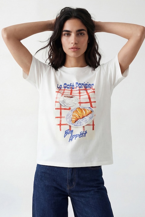 LC WAIKIKI, Tricou cu decolteu la baza gatului si imprimeu grafic, Alb
