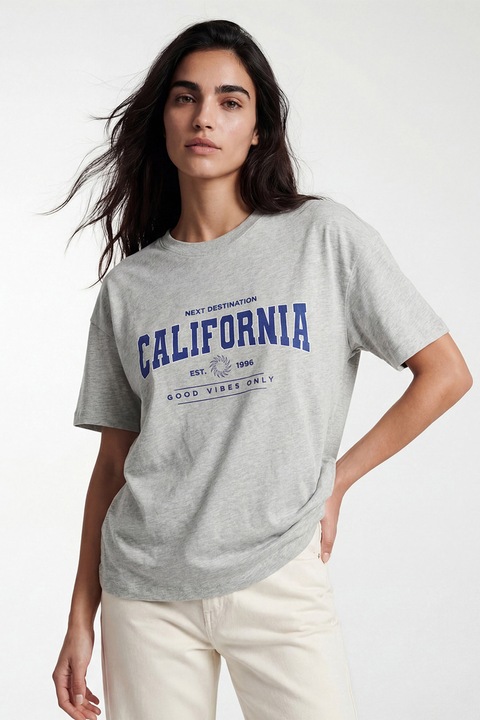 LC WAIKIKI, Tricou din amestec de bumbac cu imprimeu text, Gri deschis melange
