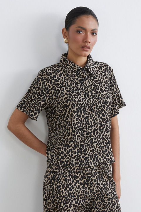 LC WAIKIKI, Camasa cu maneci scurte si model animal print, Maro inchis/Crem