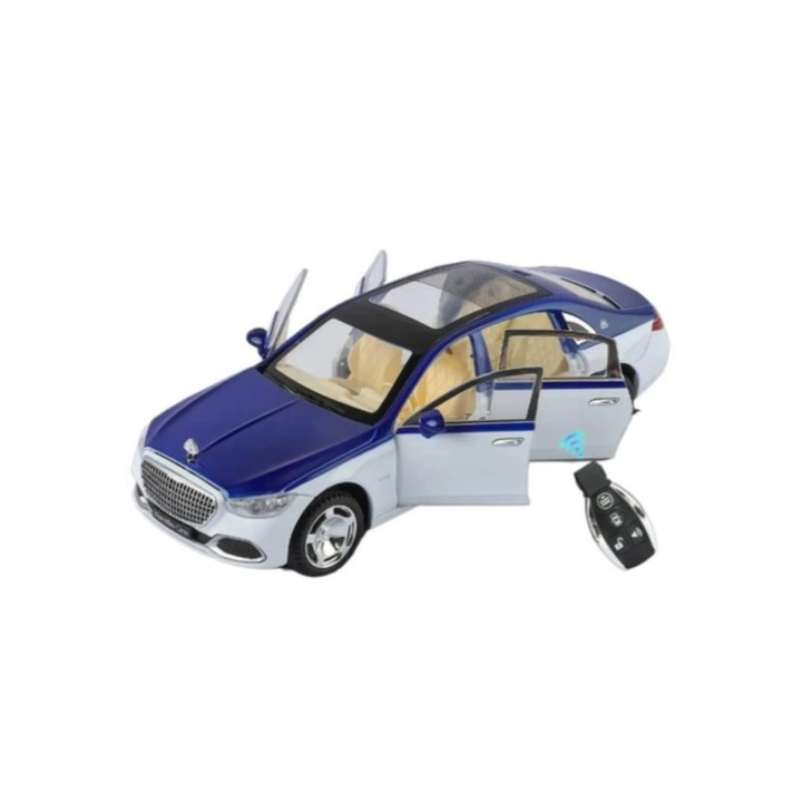 Masinuta metalica mecanica cu cheie, Mercedes Maybach S 680, 1:24, usi mobile, capota mobila, portbagaj mobil, alb, 20 cm