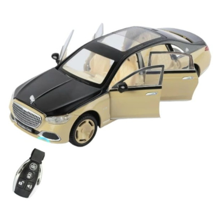 Masinuta metalica mecanica cu cheie, Mercedes Maybach S 680, 1:24, usi mobile, capota mobila, portbagaj mobil, auriu, 20 cm
