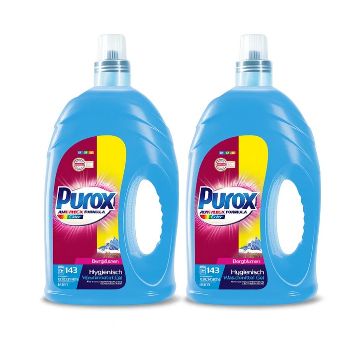 Pachet 2 detergenți pentru haine, Purox, lichid, 8.6L, colorate, 286 spălări