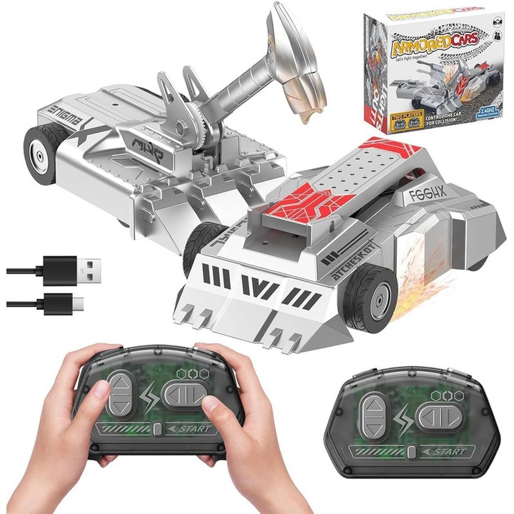 Set de Vehicule Blindate de Lupta pentru 2 Jucatori, cu Telecomanda 2.4GHz, Jucarii Interactive pentru Copii, Modele de Asamblat cu Arme Interschimbabile, Armura Magnetica si Baterii Reincarcabile, WALALLA
