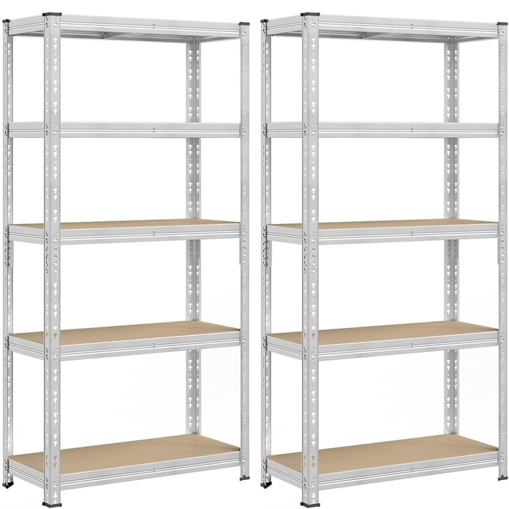 SONGMICS Set 2 rafturi metalice depozitare, 5 niveluri, reglabile, polite MDF, 875 kg, 40x90x180 cm, argintiu